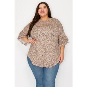 057 Curvy Lovey Flower Print Tunic Top With Double Ruffle Sleeves in Taupe